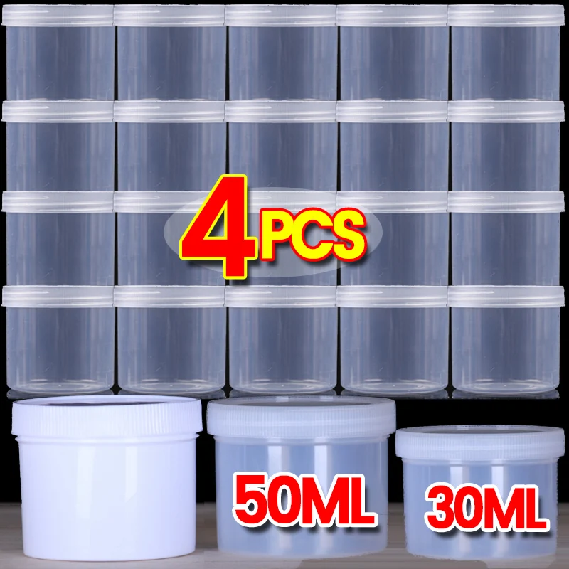 

4 шт., 30/50 мл, пустые пластиковые банки для хранения, прозрачные белые дорожные бутылки для макияжа, винтовая крышка с широким горлышком, многоразовые контейнеры для образцов