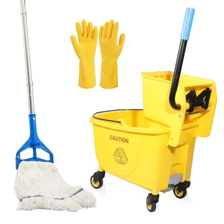

35QT Side-Press Mop Bucket and Wringer Combo on Wheels Yellow Including One Heavy Duty Industrial Mop and One Set Large Rubber