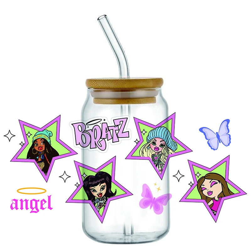 Miniso bratz pattern 16oz uv dtf transfer sticker Libbey Wrap Tumbler DIY Logo Sticker Glass Can Selfadhesive Waterproof