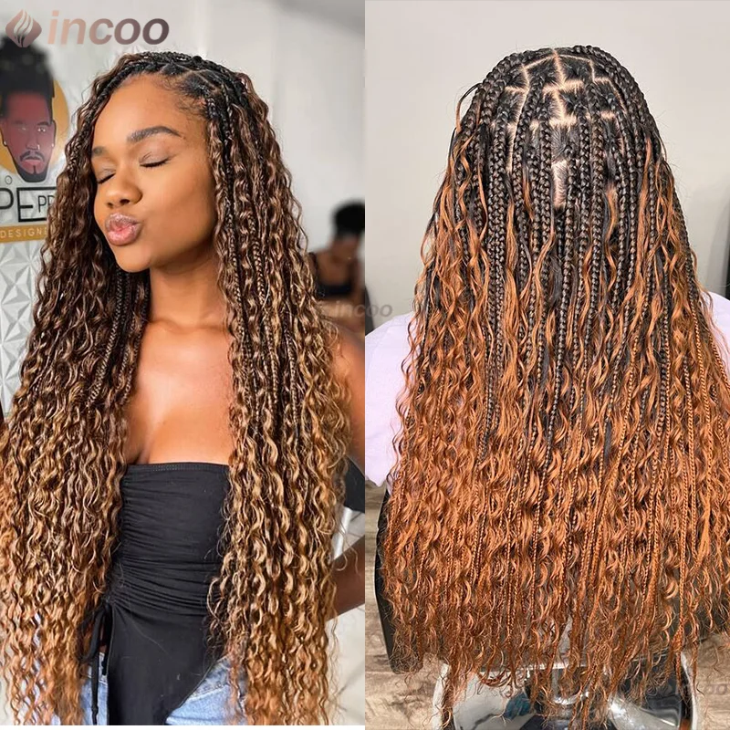 

32 Inches Bohemia Box Braided Wigs for Black Women Synthetic Full Lace Boho Braids Wig Ombre Blonde Cornrow Braids Lace Wigs