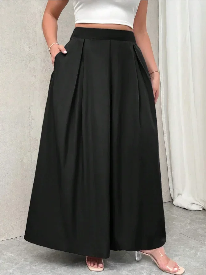 Plus Size Damen Einfarbiger Plissierter Maxirock mit Hoher Taille, Ausgestellter Langer Rock, Lässig-Eleganter A-Linien-Rock für Damen – Detail 8