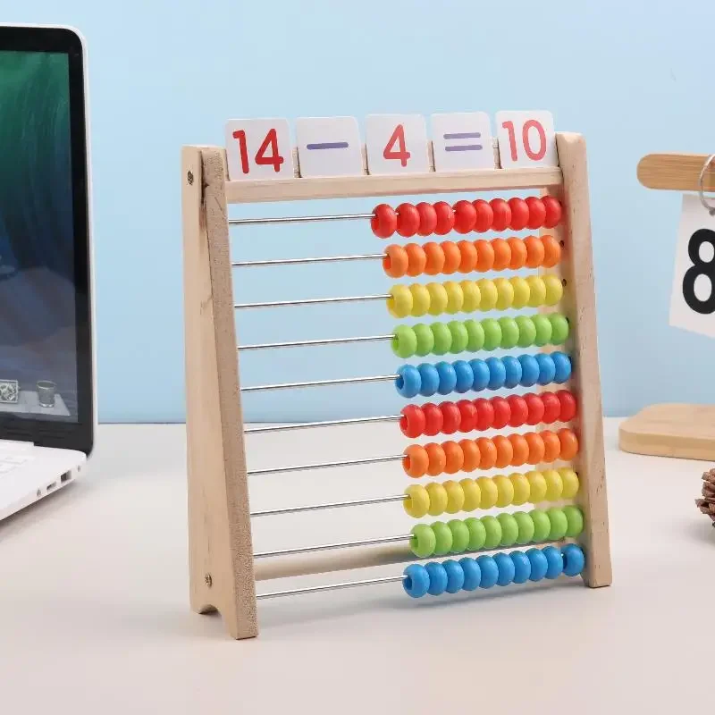 1 Juego de tarjetas del alfabeto con números, aprendizaje de matemáticas preescolar, matemáticas educativas de madera, juguete de conteo de 10 filas, 100 cuentas con palos de conteo