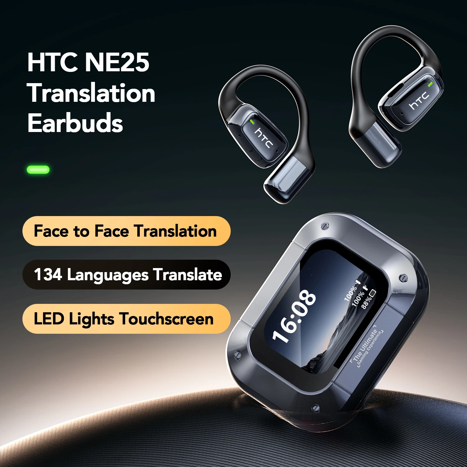 Audífonos HTC NE25 OWS con Traductor IA, Pantalla Táctil LCD, Bluetooth 6.0, Resistentes al Agua IPX5, Auriculares Inalámbricos de Diseño Abierto