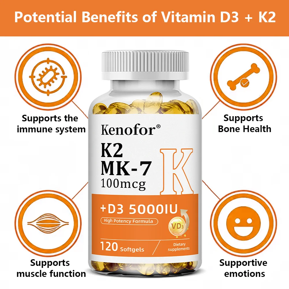 Vitamina D3 K2 | 5000 IU de vitamina D y 100 mcg MK-7 Complejo | 120 cápsulas de cápsula blanda | Suplemento sin GMO y sin gluten