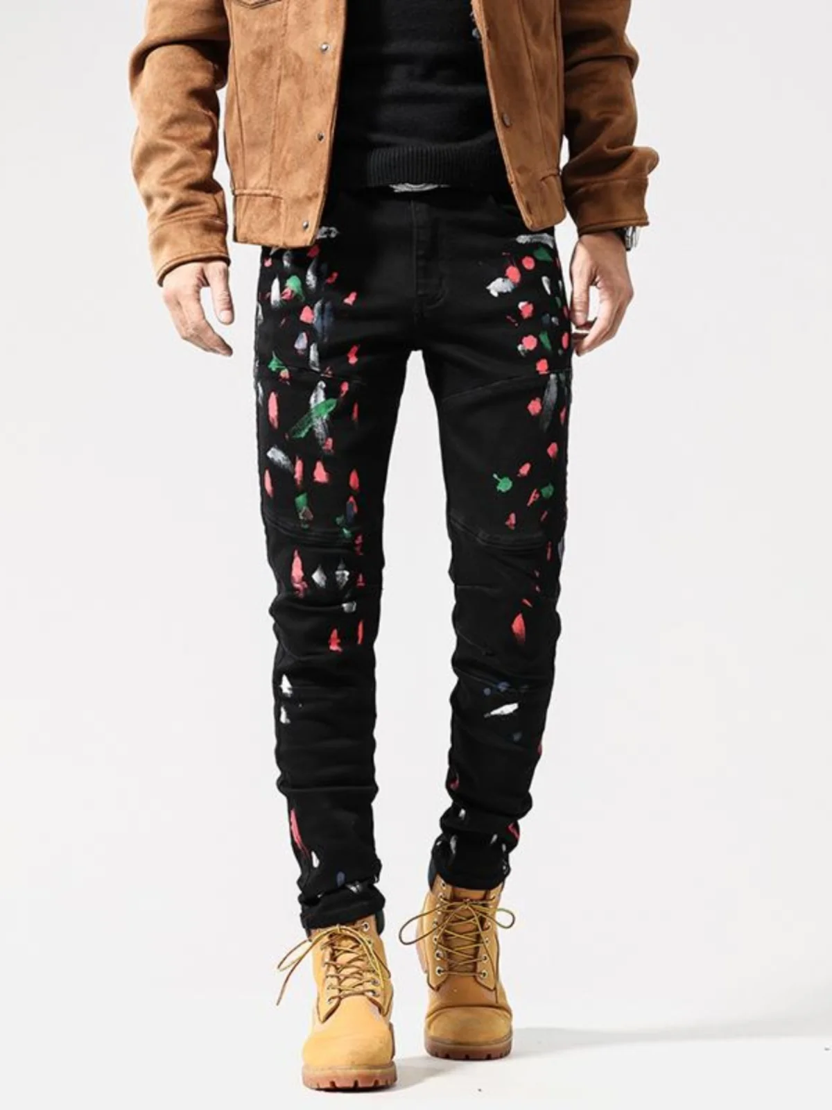 

Bla Spattered Denim Jeans Men's Slim Fit Elastic Autumn Winter Street Sle Faion Long Trousers Cotton Stretch Denim