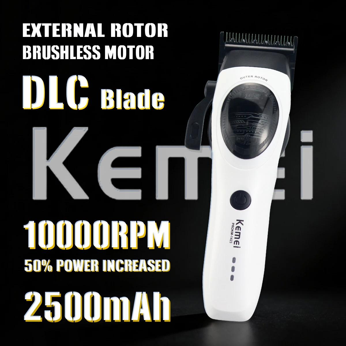 Kemei KM-1423 Professional Hair Clipper for Men DLC Blade 10000RPM External Rotor Brushless Motor Low Noise Professional Barber