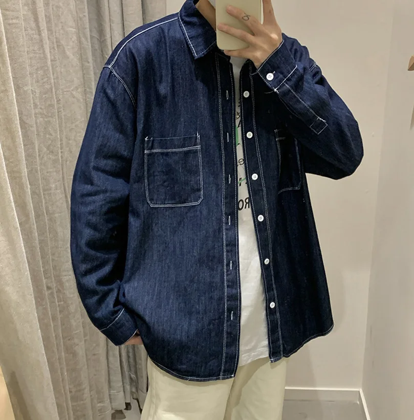 Long Sleeve Denim Shirts Men Plus Size Outerwear Oversize Japan Vintage Jeans Top Shirt Male Clothing 2023 Spring Summer