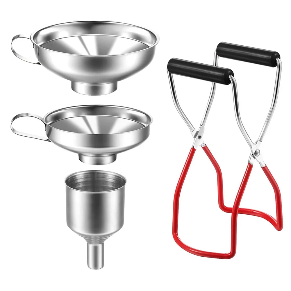 4Pcs Canning Funnel with Grip Handle Stainless Steel Jam Funnel Multi-purpose Can Tongs Rustproof for Wide Regular Jars Mason