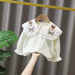 Girls' Doll Neck Shirt Spring and Autumn New Children's Baby Pure Cotton Ruffle White Lace Top