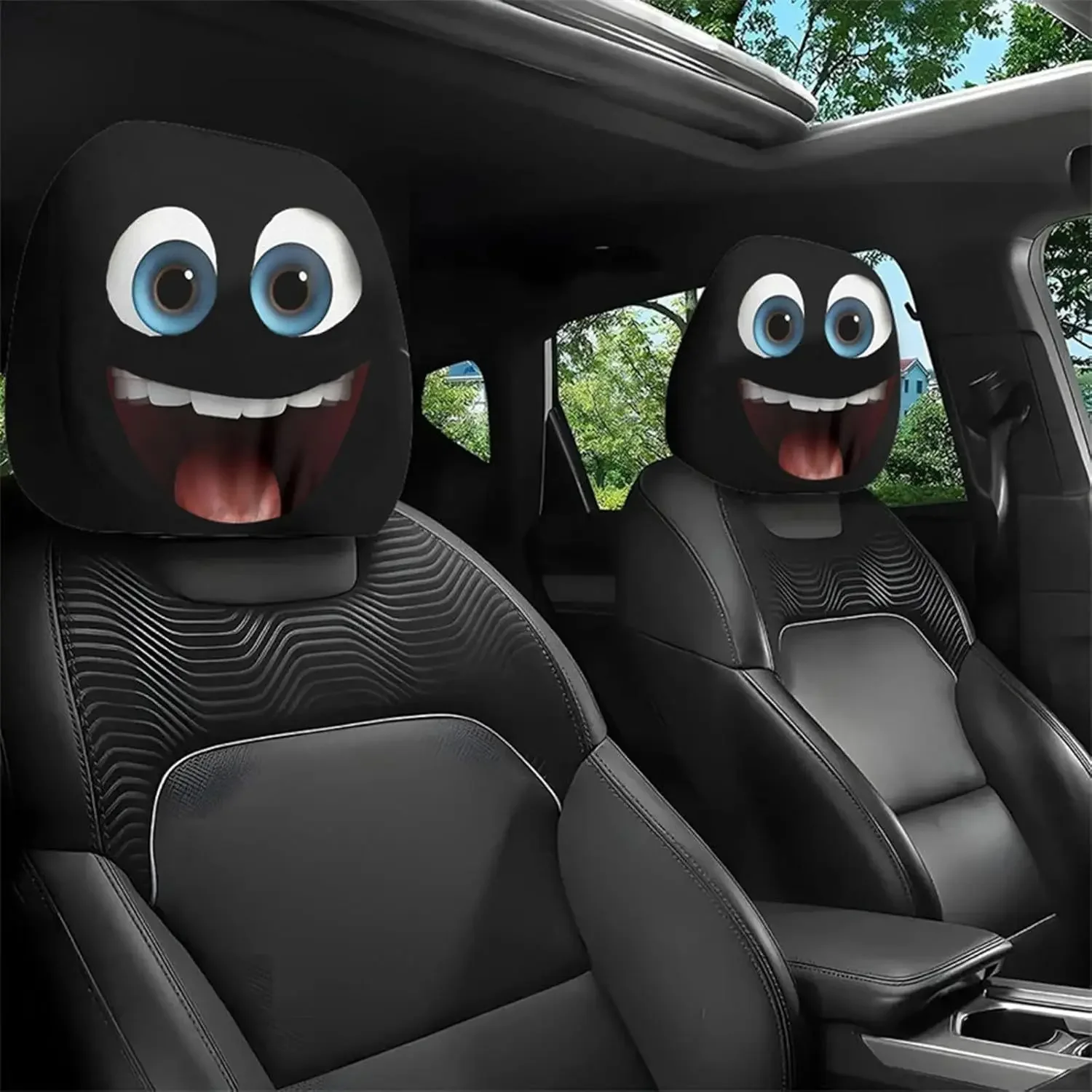مجموعة أغطية مسند رأس السيارة المضحكة المبالغ فيها مكونة من قطعتين، واقيات مقاعد السيارات لتعبير الوجه الكرتوني، ملحقات ديكور السيارة الجديدة الرائعة
