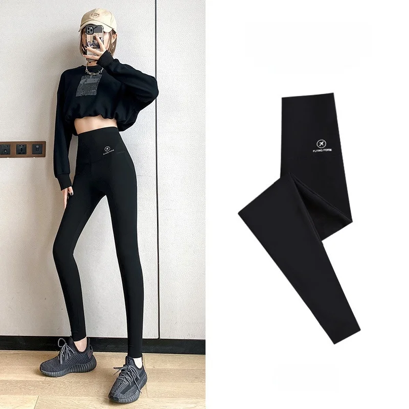 Calças de Yoga de Cintura Alta em Couro Sintético para Mulheres, Finas e Justas, Controle de Barriga, Comprimento Sete-Nove, Nylon