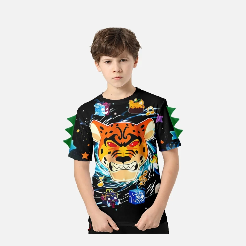 New Blox Fruits Children\'s Clothing Fashionable Comfortable Casual Dinosaur Round Neck Short Sleeve Versatile T-shirt Gift