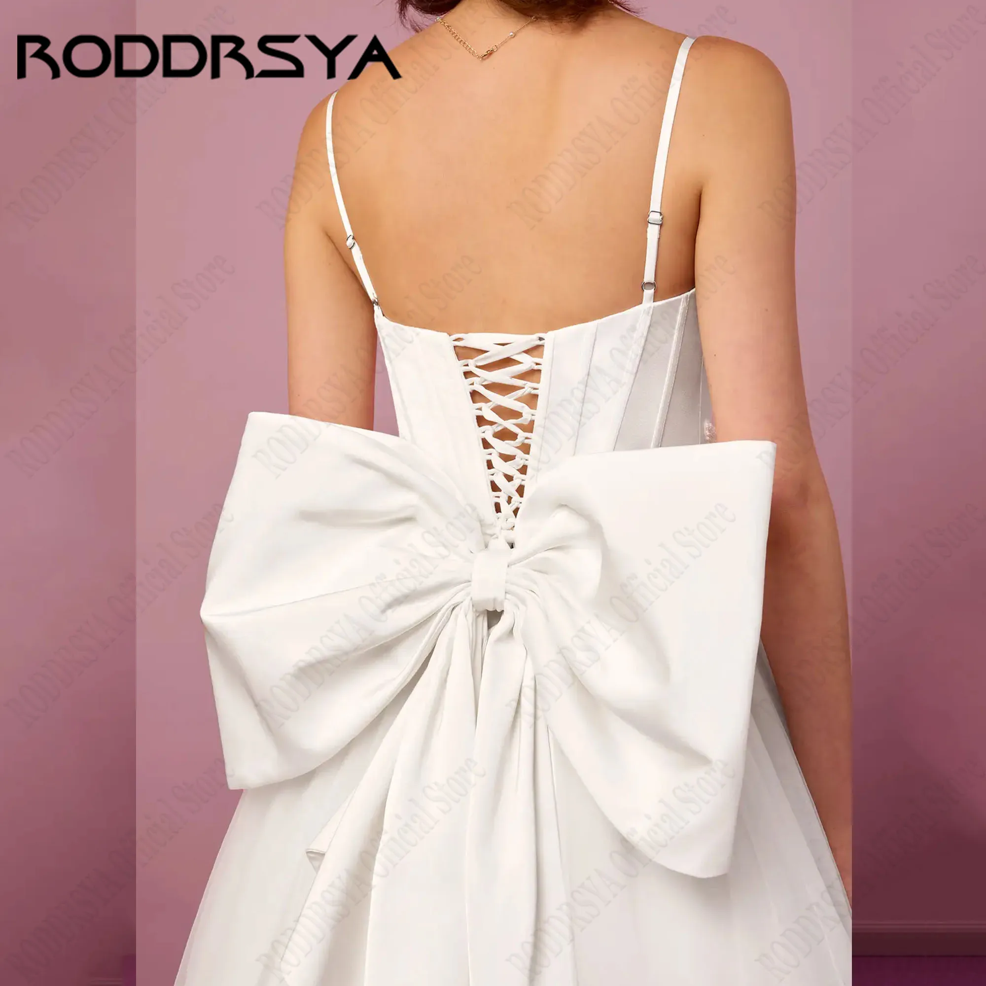 RODDRSYA A Linha Vestidos De Casamento Sem Mangas Com Arco Destacável Spaghetti Straps 3D Flor Noiva Vestidos Lace Up vestido Personalizado A linha de vestidos de casamento sem mangas com arco destacável cintas de espa