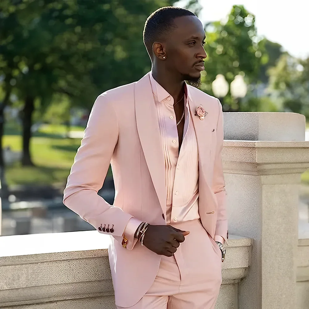 

Light Pink Fashion Elegant Men Suit Beach Wedding Tuxedo Shawl Lapel Custom Casual Wear Two Pieces Jacket+Pants Costume Homme