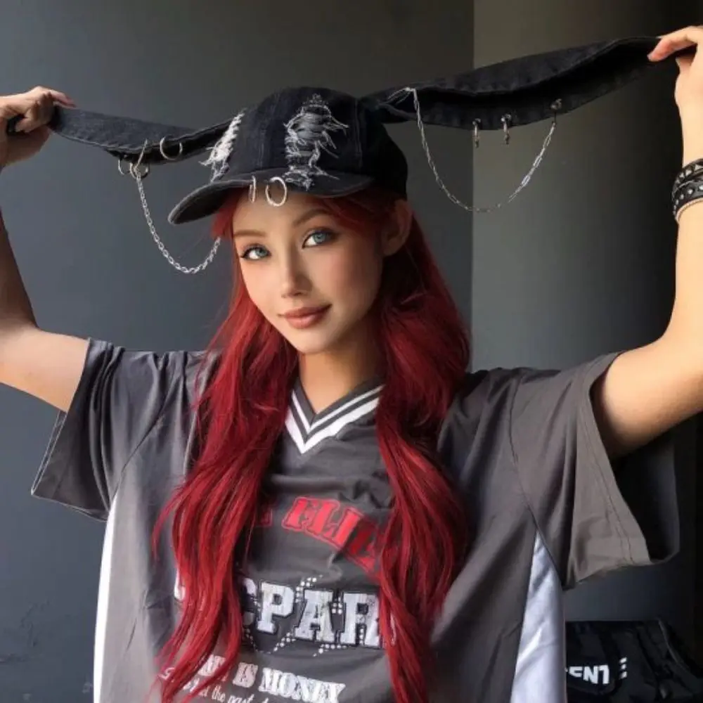 Immagine 5: Accessori di abbigliamento Berretto da baseball in denim strappato di coniglio Catene di cotone Y2K Cappello con orecchie Doberman Cucciolo retrò Orecchie da coniglio Berretto snapback da uomo