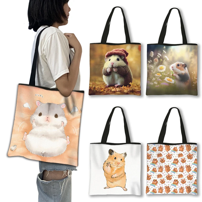 Cartoon Hamster Print Shoulder Bag Canvas Cute Animals Shopping Bags Large Capacity Ladies Totes Bag Reusable Shopper Bags Gift