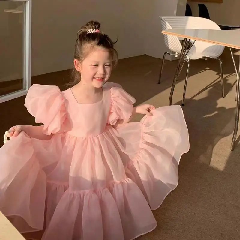 Vestido de princesa para meninas de 2 a 7 anos, vestido de princesa inchado com manga inchada, gola redonda, gaze, para festa de aniversário, traje tutu