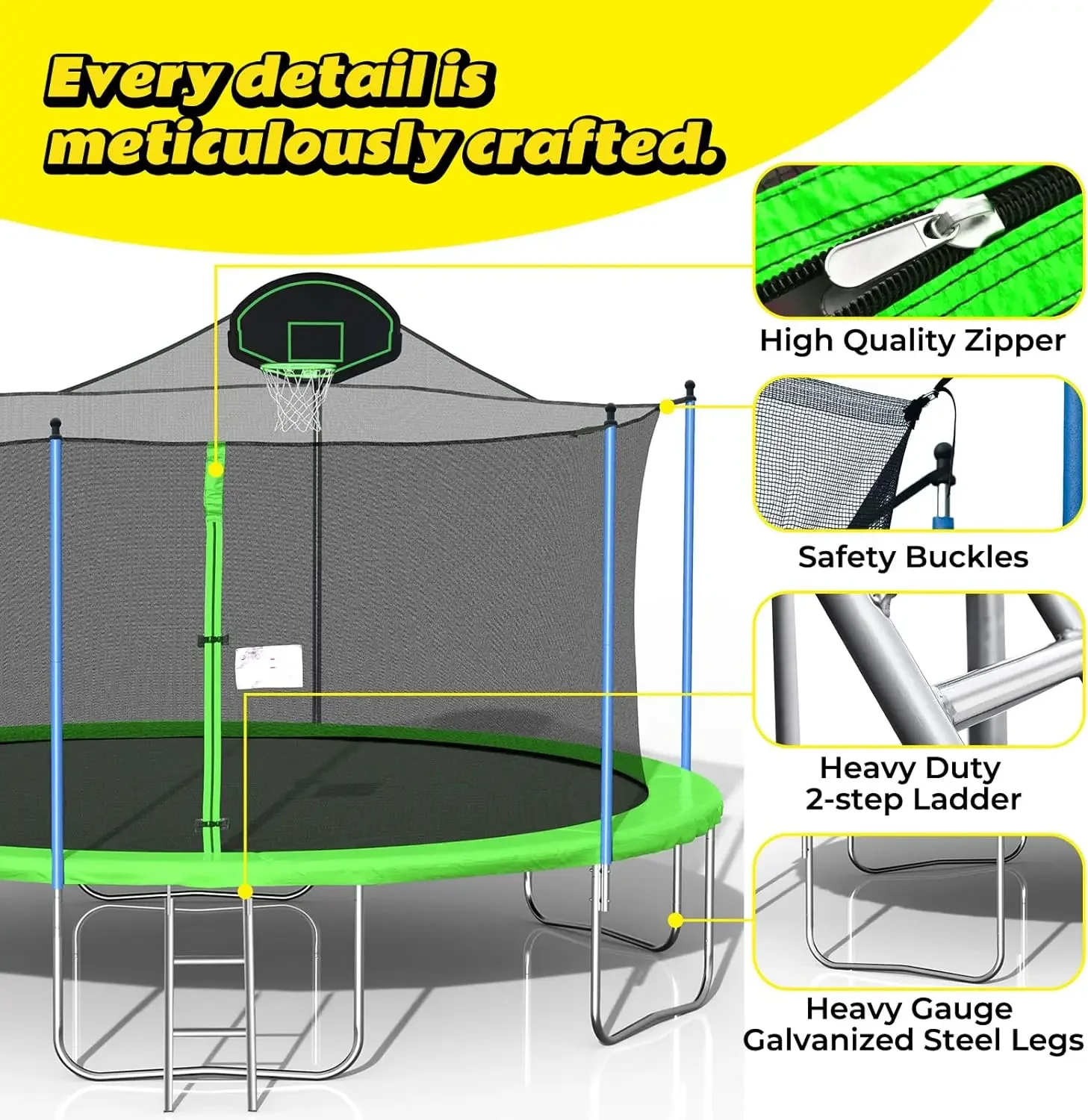 Trampoline with Swing, Slide, Basketball Hoop, Safety Enclosure and Ladder, ASTM Approval Outdoor Recreational Tram