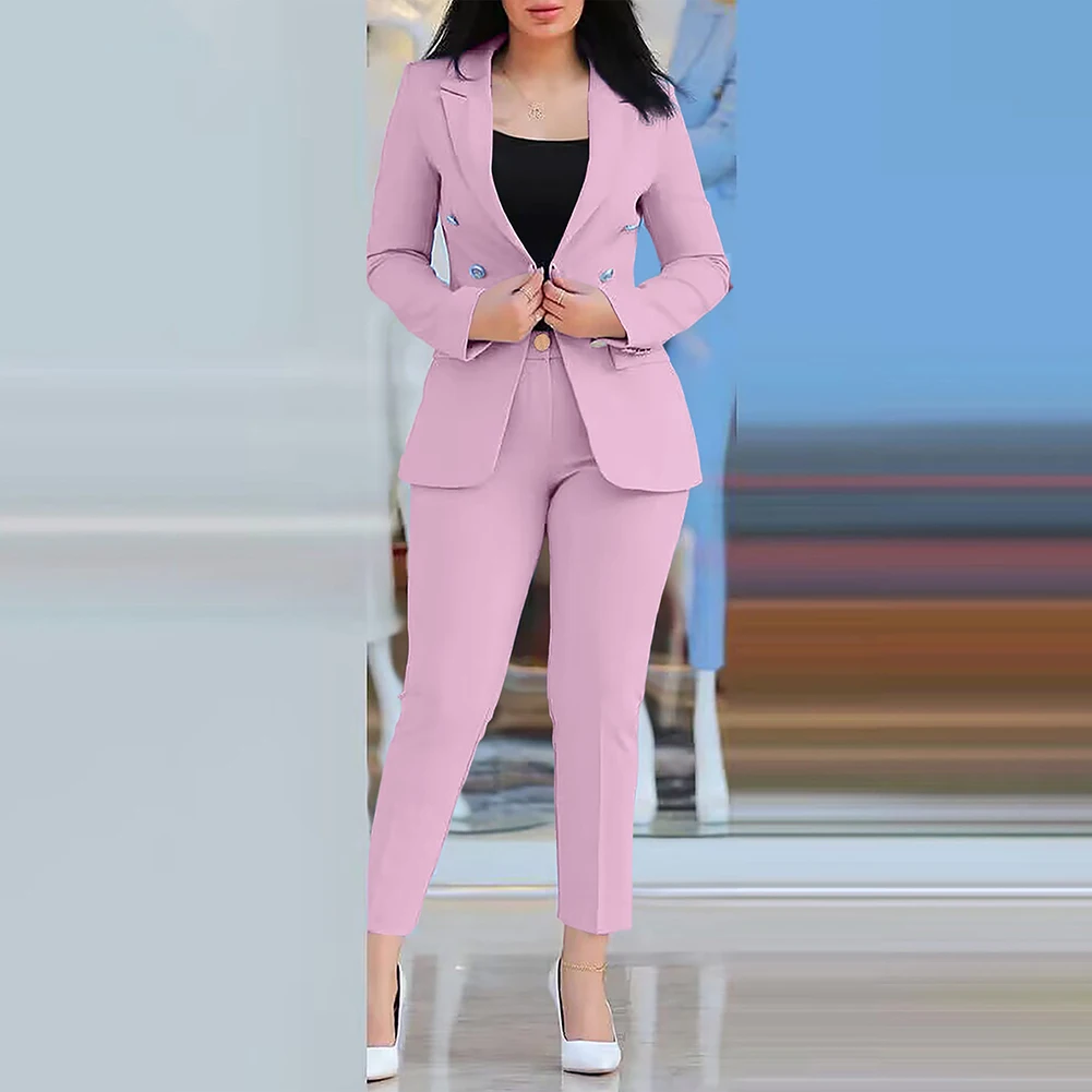 ชุดเซ็ต 2 ชิ้น ชุดลำลองผู้หญิง สภาพใหม่ ผ้าโพลีเอสเตอร์ ความยาวปกติ สีพื้น ดีไซน์ทันสมัย สไตล์ธุรกิจ