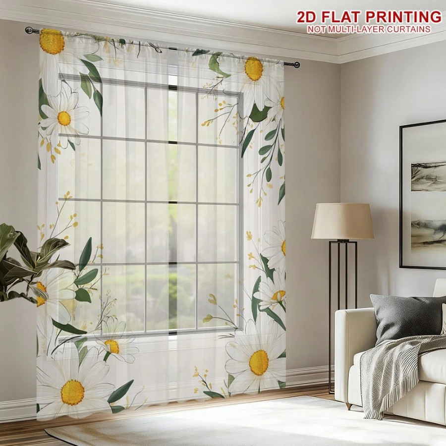 2PCS Digital Printed Sheer Curtain, Daisy Floral Border Print, Charming Vintage Rustic for Living Room Bedroom Home Decor - view 4