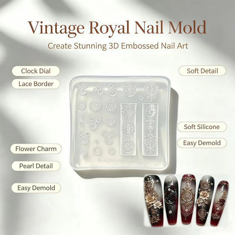 A Retro Baroque Gear Clock, Steam Era Relief Nail Art Silicone Mold