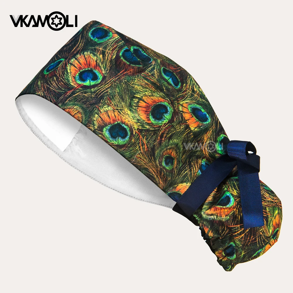 

Feather printed long hair surgical cap with satin lining and ponytail cap medical scrub hat