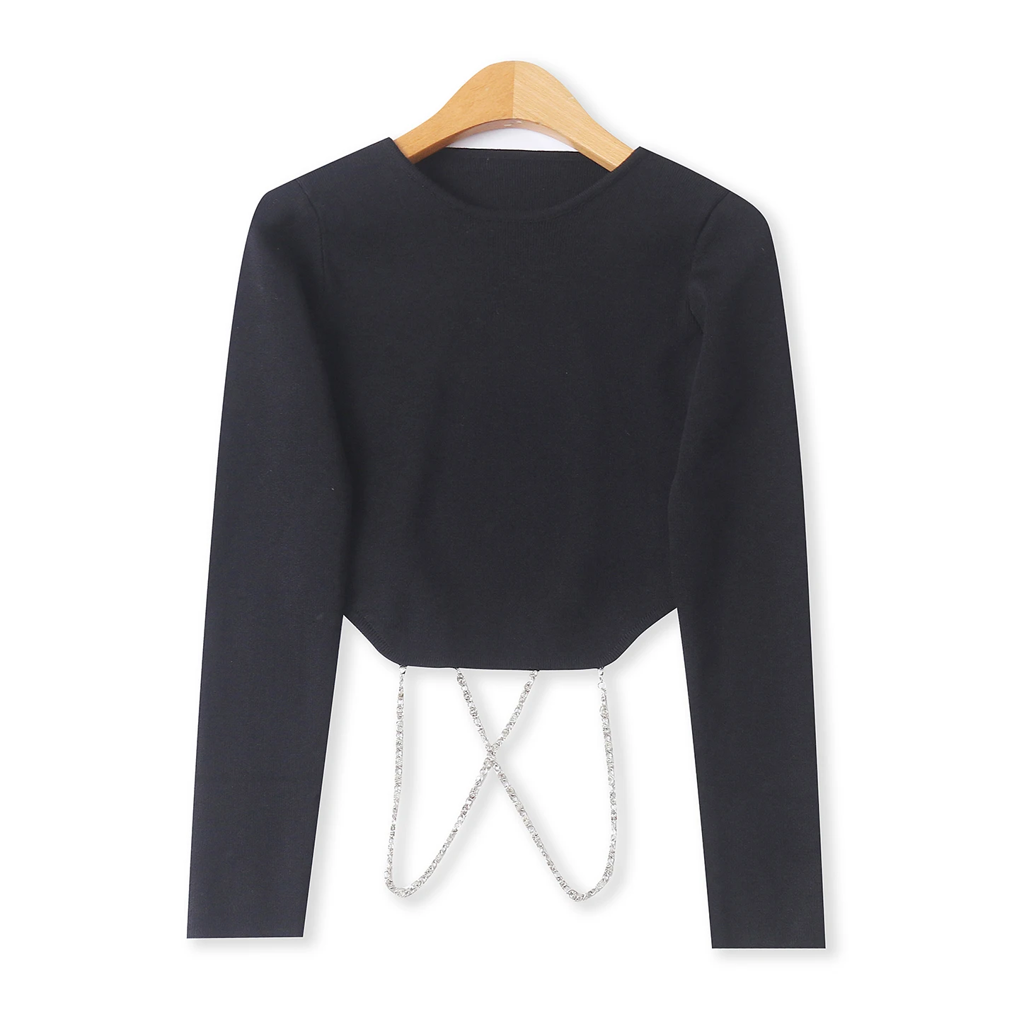 

Faionable ort Svel Knitted Sweater with Decorative Chain Women's Slim Fit Long Sve round Ne Top for Autumn