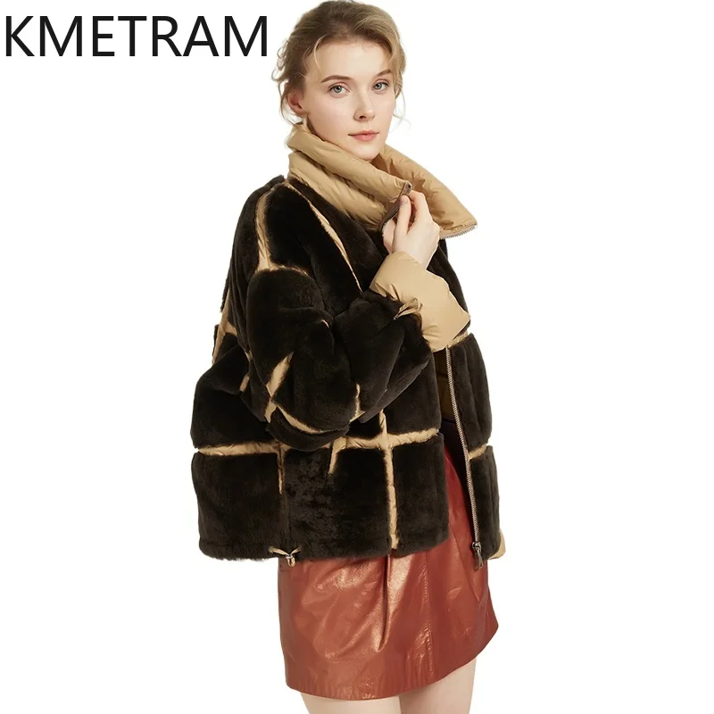 KMETRAM 100% Natural Sheepskin Wool Fur Jacket Contrasting-Colored Stand Collar Thicken Woman 2025 Winter Women Clothing шуба