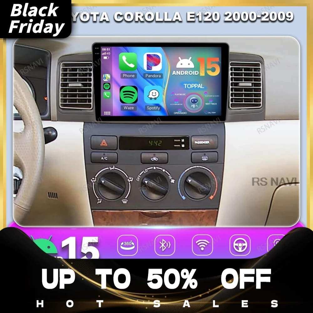 Android 15 Car Radio For Toyota Corolla E120 2000-2009 QLED Viedo Player DVD Autoradio Wireless Carplay Auto 5G WIFI DSP GPS BT