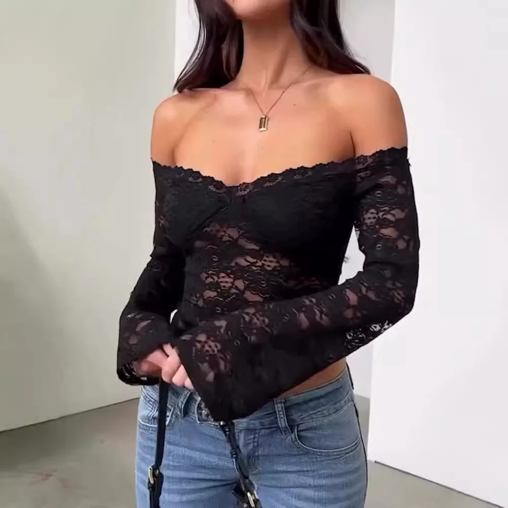 

2025 autumn cross-border women's clothing new fashion, sexy Spice Girls slim lace one-word long-sleeved short top