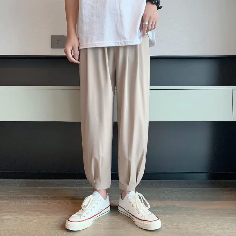 Elegant Fashion Harajuku Slim Fit Ropa Hombre Loose Casual Sport All Match Cropped Pants Solid Pockets Thin Style Ice Silk Pants