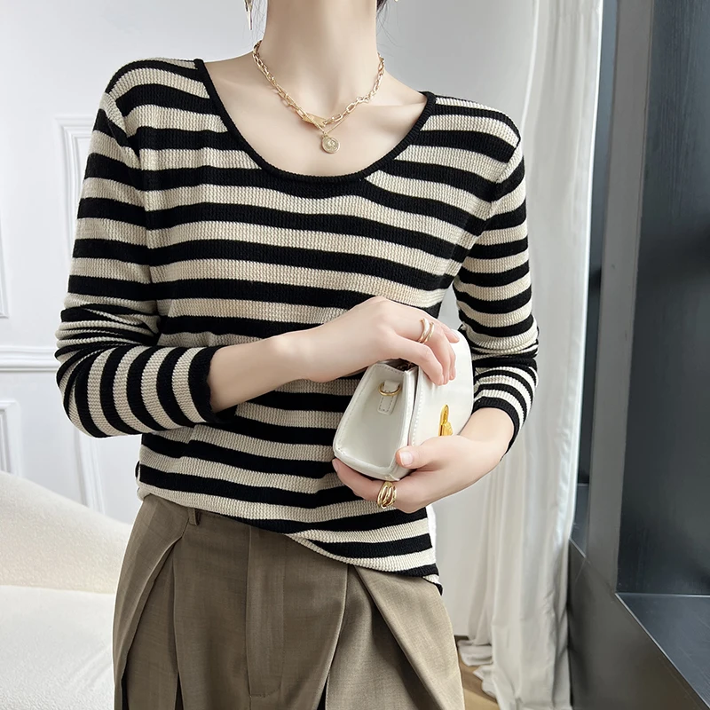 Autumn and Winter New Wool Stripe Sweater Sweater Women's Long Sleeve Crew Neck Base Shirt Top