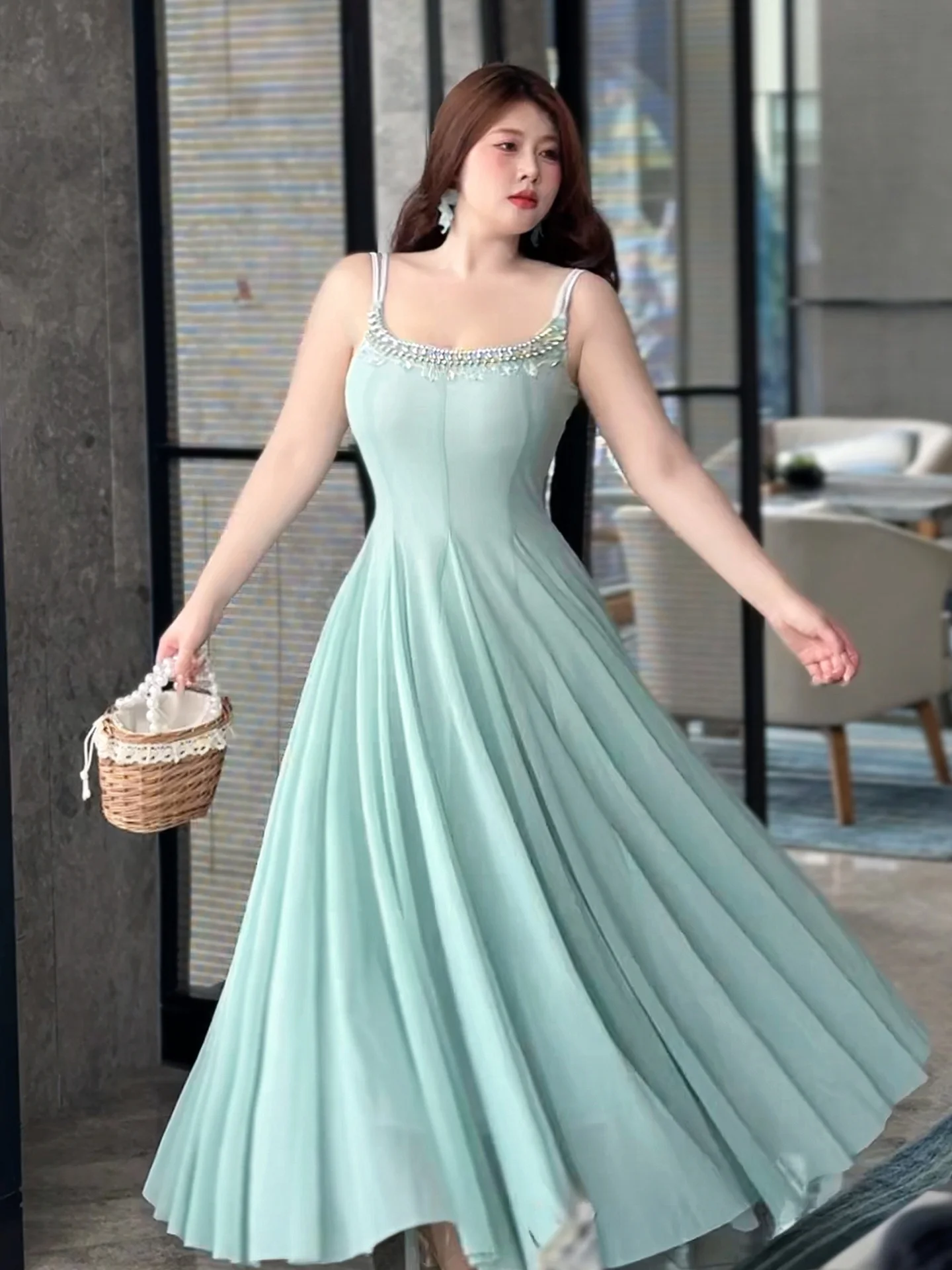 大きいサイズ 夏用 レディース ハイウエスト Aラインスカート ワンショルダー アイスブルー コーストビーチ バケーション メ ストラップドレス