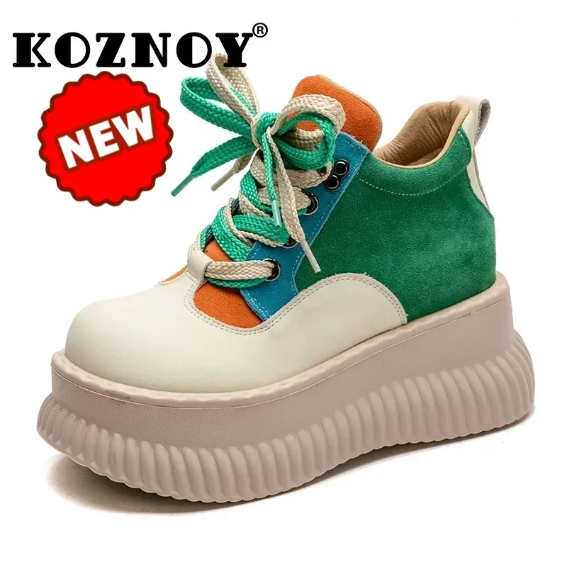 

Koznoy 6.5cm Natural Genuine Leather Platform Wedge Women Fashion Mixed Color Chunky Heel Motorcycle Retro Ankle Booties Boots