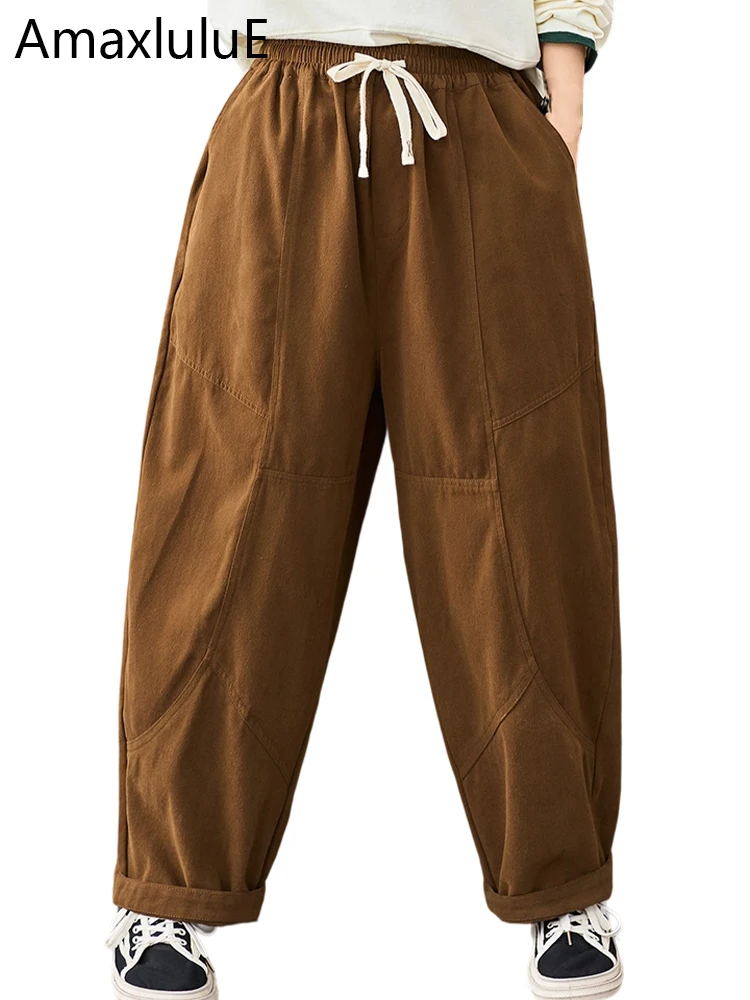 Amax LuluE الكورية 2025 الخريف المرأة خمر الكلاسيكية فضفاض الحريم السراويل السيدات موضة الترفيه السراويل الطويلة الملابس الفاخرة الصلبة