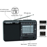 XHDATA D-328 12-Band Portable Radio AM/FM/SW DSP Technology MP3 Player TF Card Slot USB Mini FM Receiver with Bluetooth Radio