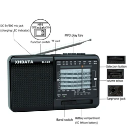 XHDATA D-328 Radio portatile a 12 bande AM/FM/SW tecnologia DSP lettore MP3 Slot per schede TF ricevitore USB Mini FM con Radio Bluetooth