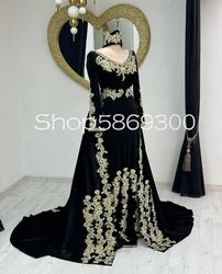 Black Velvet Long Sleeve Mermaid Prom Dresses Gold Applique Lace Caftan Marocain Henna Evening Formal Gowns vestidos de fiesta