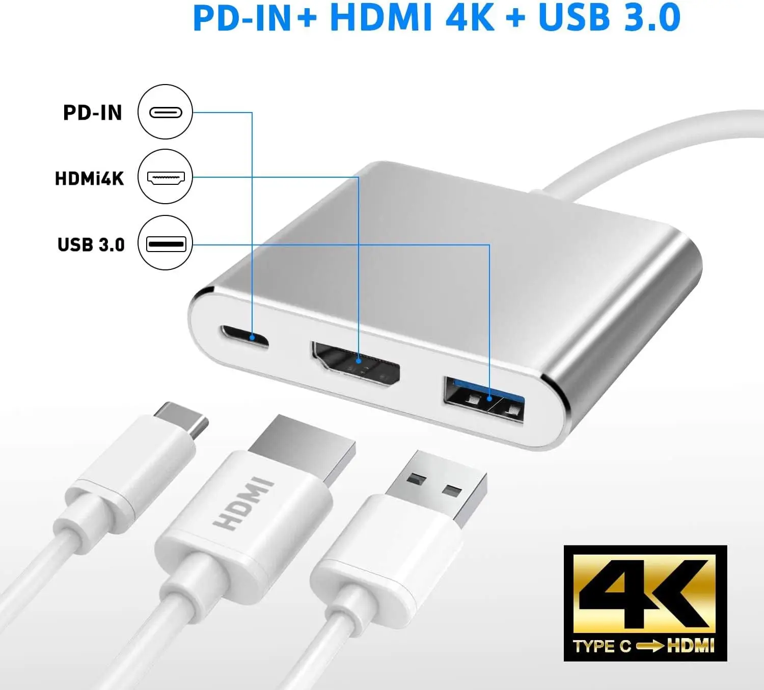 محول USB C إلى HDMI محول USB من النوع C محول AV متعدد المنافذ مع منفذ C مخرج HDMI 4K ومنفذ شحن سريع 3.0