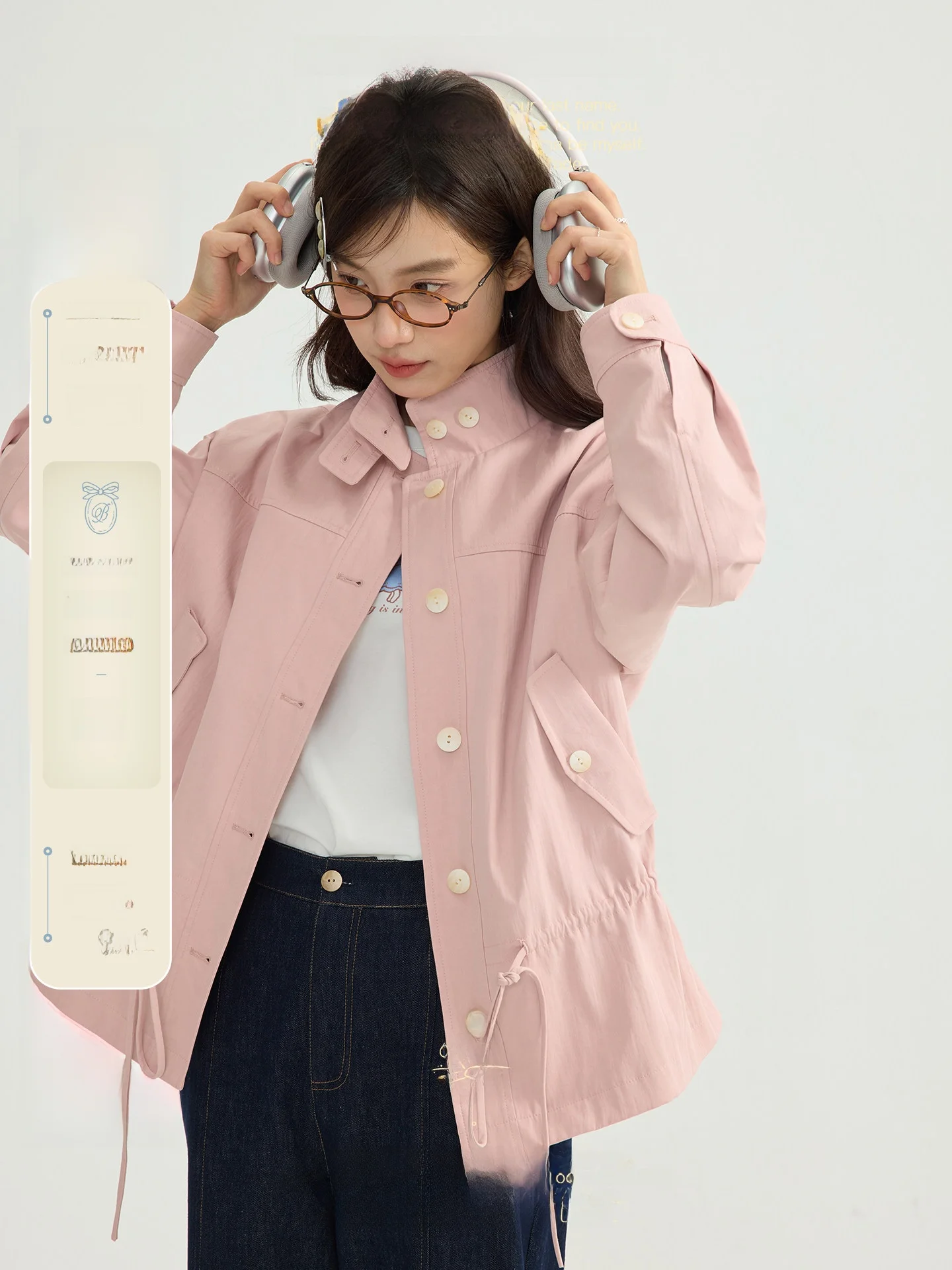 

Nov Elist Commuter Short Waist-Cinching Drawstring Stand Collar Jacket Women Early Spring New Style Pink Overcoat