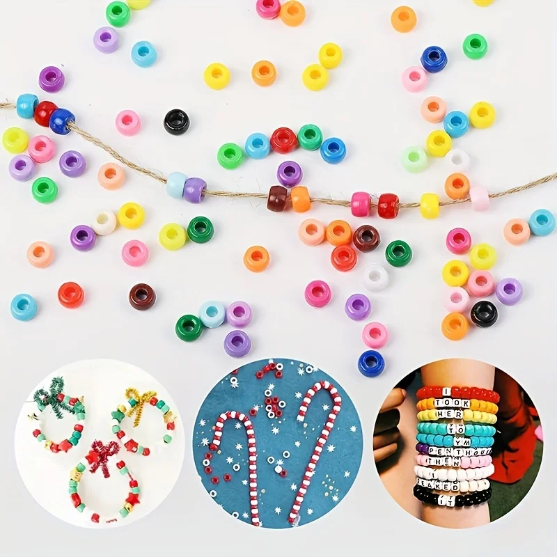 Pony Beads 300/600/1000pcs 6x9mm, Mixed Color Plastic Beads Set for DIY Jewelry, Bracelets Necklaces Keychains Craft Supplies