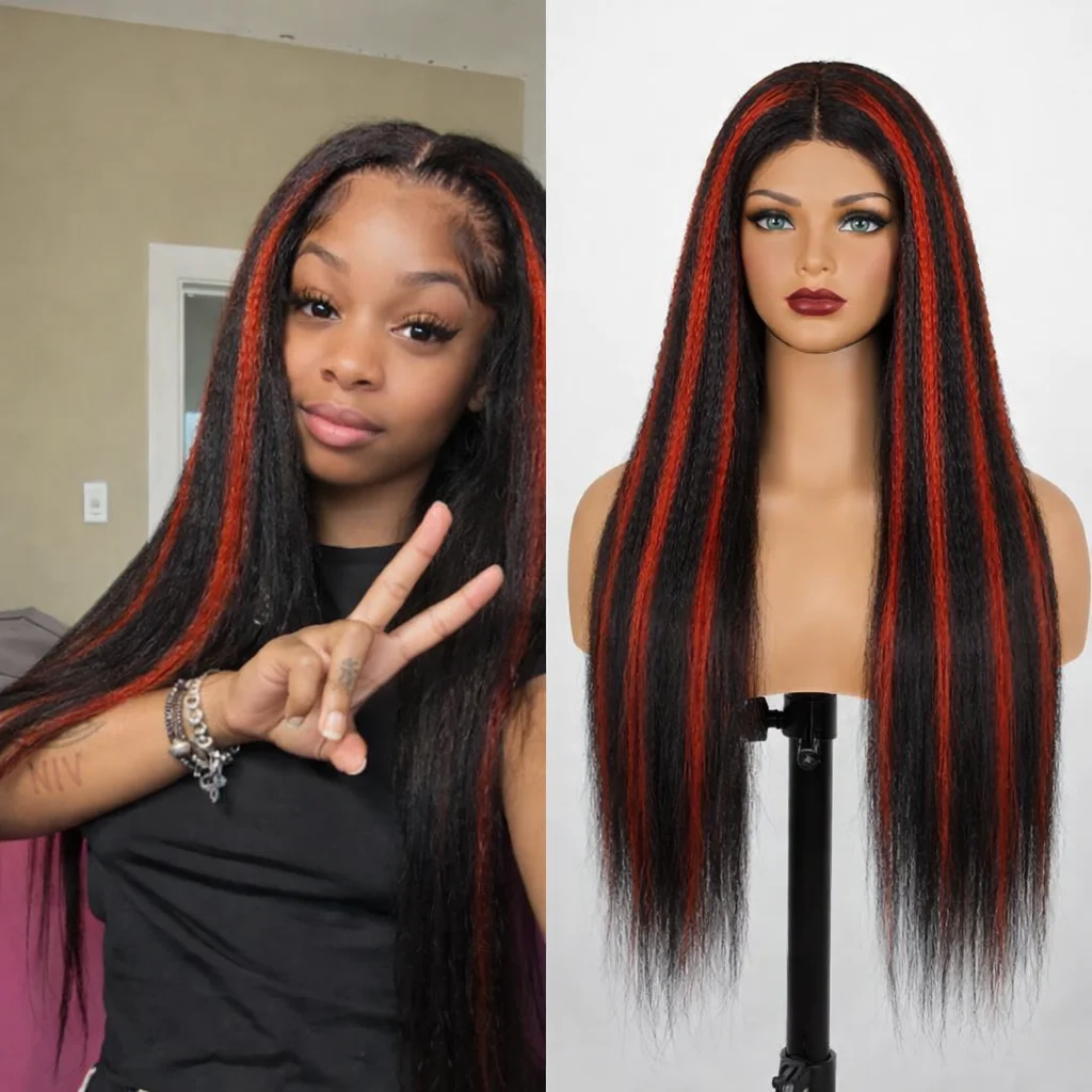 

1B/99J Burgundy Highlight Kinky Straight 5x5 Lace Glueless Brazilian Human Hair Wigs Pre Cut HD Lace Frontal Wig Wear And Go