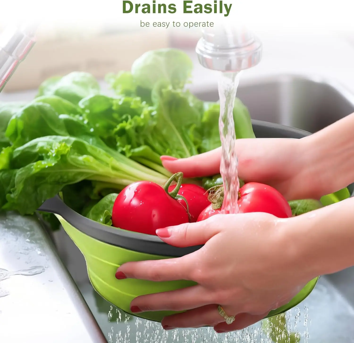 Green Single-Piece Collapsible Silicone Strainer - Multi-Purpose Colander for Pasta Fruits Vegetables Kitchen Travel