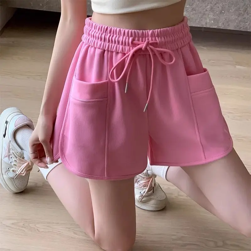 

Fashion Elastic Lace Up Solid Color Pockets Wide Leg Shorts Female Clothing 2025 Summer New Loose Young Style High Waist Shorts