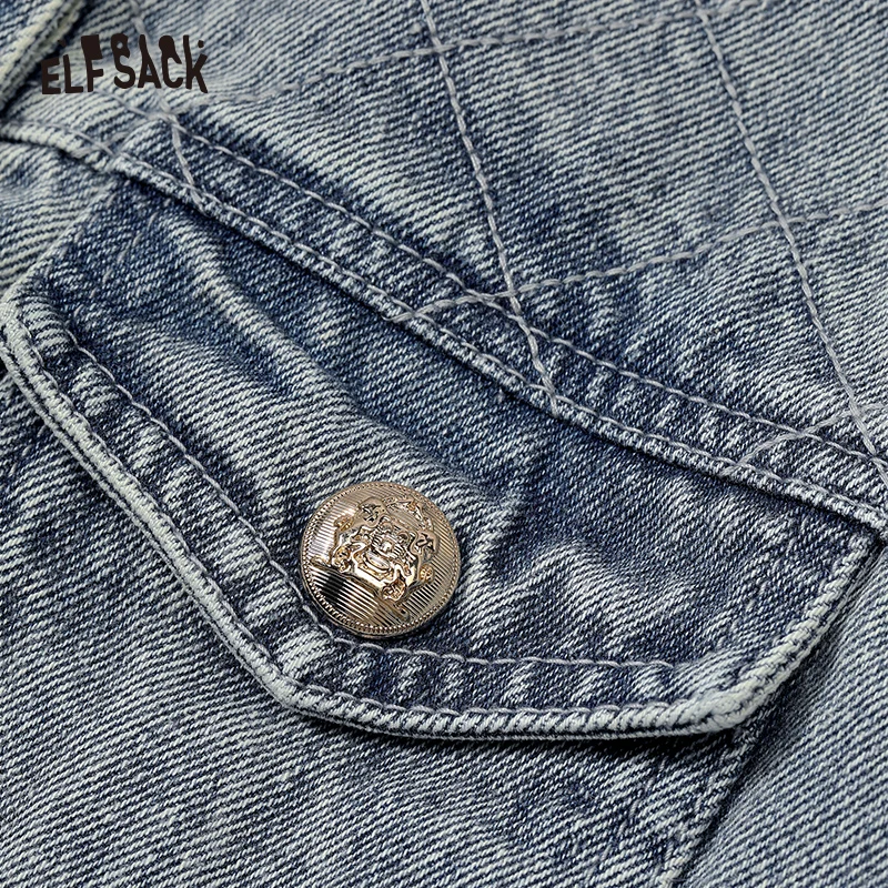 ELFSACK distinctive crew neck cropped denim coat for women 2024 spring new vintage loose long sleeve versatile cropped top