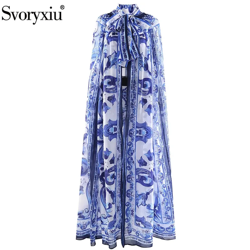 

Svoryxiu Summer Fashion Vintage Blue And White Porcelain Long Pants Suit Women Sleeveless Vests + High Waist Long Pants + Cloak