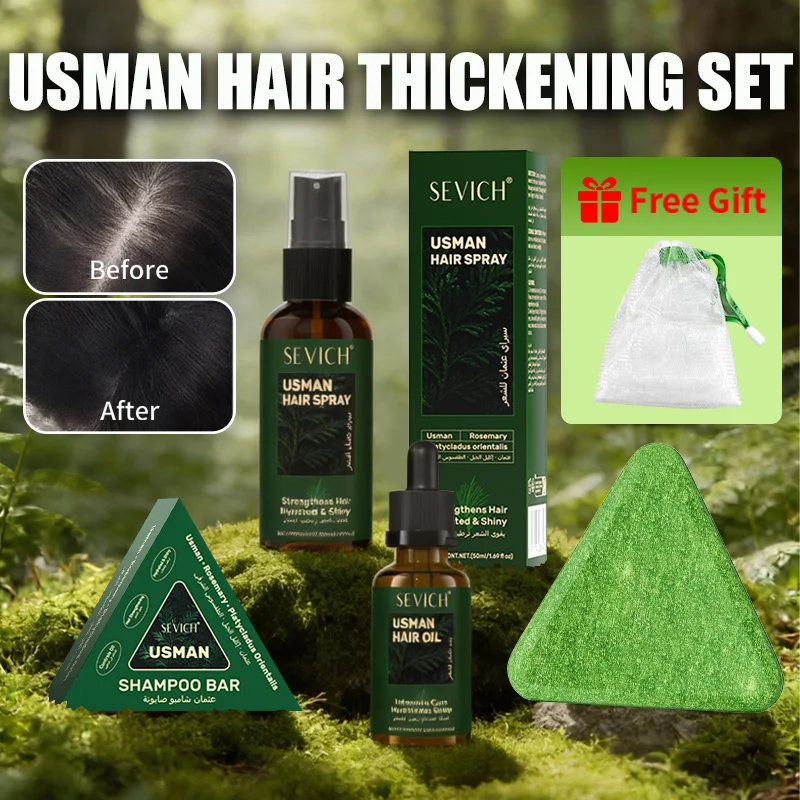 Herbal Hair Growth Set Usman Grass Handmade Shampoo Soap Anti-Hair Loss Hair Regrowth Oil Hair Care Scalp Thickening Serum Spray