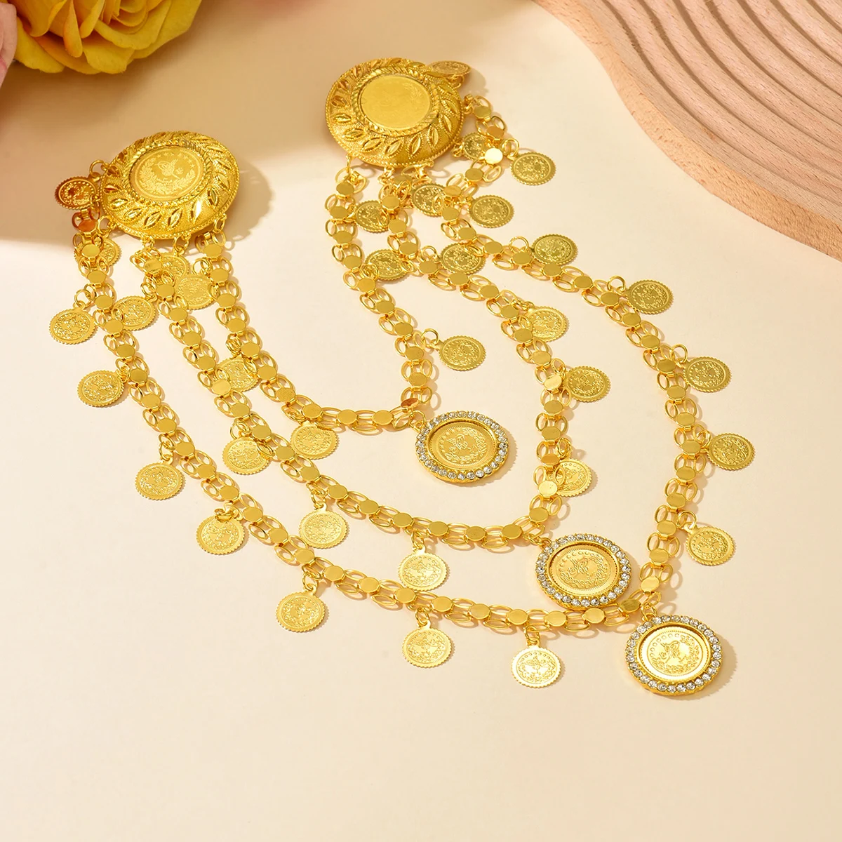 Arabic Ethnic Coin Waist Chain Multi-Row Hanging Gold Coins Hollow Floral Pendant Adjustable Belt for Bridal Ceremony