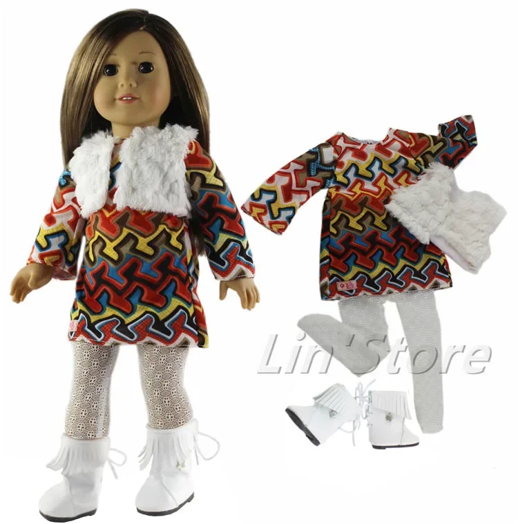 

4in1 Set Doll Clothes Outfit Coat+dress+tights+one pairs boots for 18" American Doll