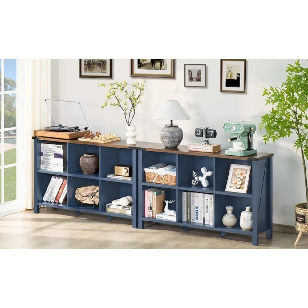 6 Cube Bookcase, Farmhouse Wood Low Storage Organizer Book Shelf, 47" Horizontal Navy Blue Console Bookshelf with Legs, Hallway